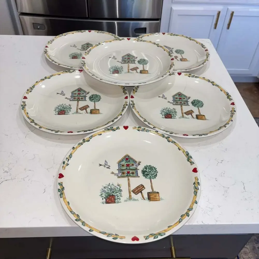 Thomson Pottery Birdhouse Pattern Dinner Plates 10.25” (6)